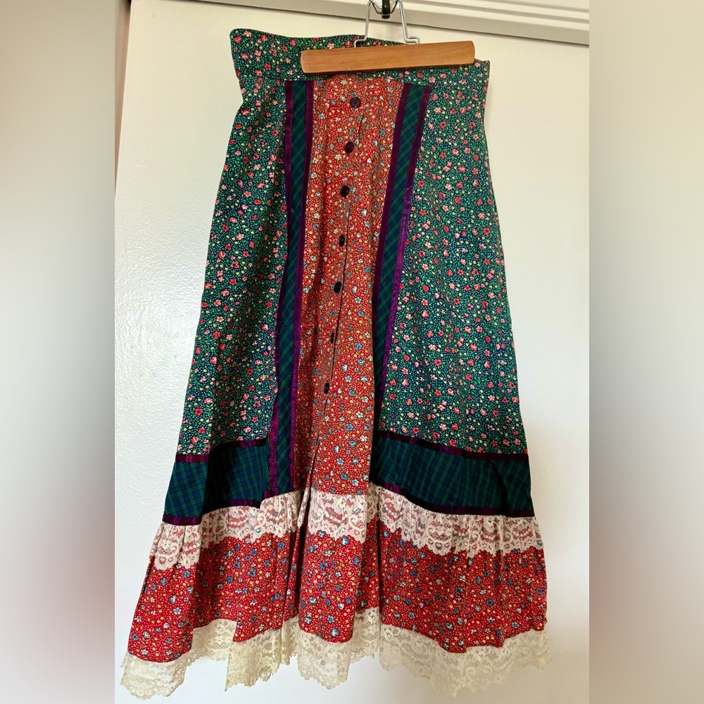 VTG GUNNE SAX Jessica’s Gunnies Floral/plaid Patch Skirt Lace Trim.size 9